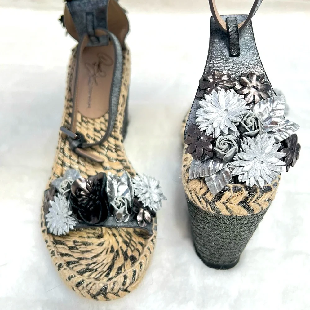 NEW Donald J Pliner Metallic Leather Flower Appliqué & Jute Wedge Heel Sandals